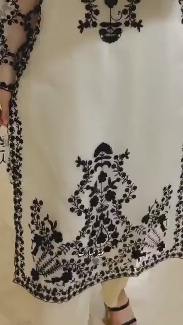 Ivory & Black Embroidered 3-Piece Suit – Heavy Floral Chikankari Style