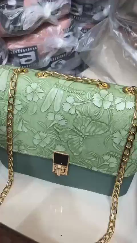 Vintage Embossed Floral Satchel – Elegant Coffee Brown Chain Crossbody Bag