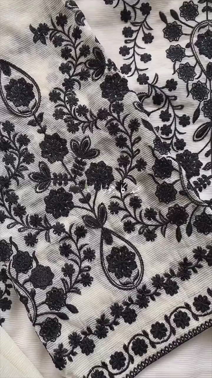 Ivory & Black Embroidered 3-Piece Suit – Heavy Floral Chikankari Style