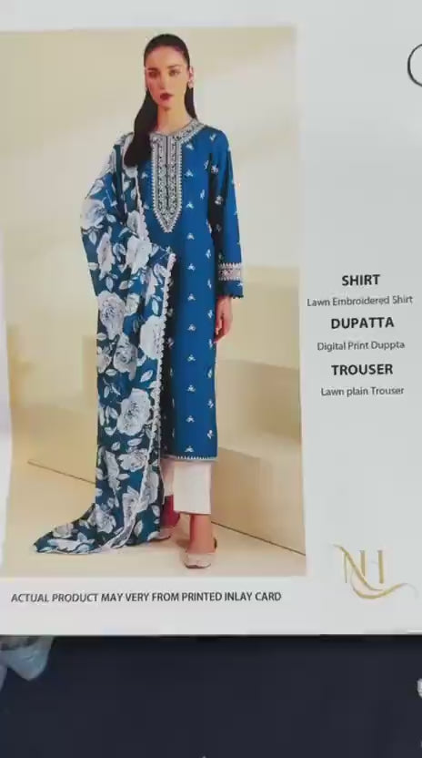 Deep Teal Embroidered 3-Piece Suit with Floral Chiffon Dupatta