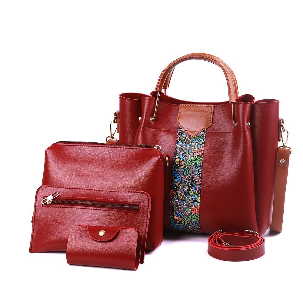 4-Piece Premium Faux Leather Handbag Set – Elegant Tote, Sling Bag, Clutch & Card Holder
