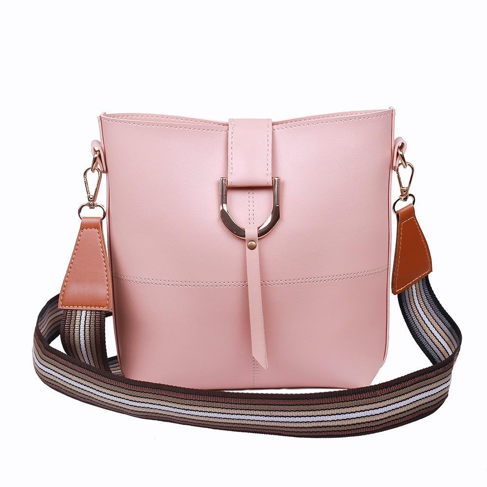 Chic Blush Pink Bucket Shoulder Bag – Versatile Crossbody with Striped Canvas Strap
