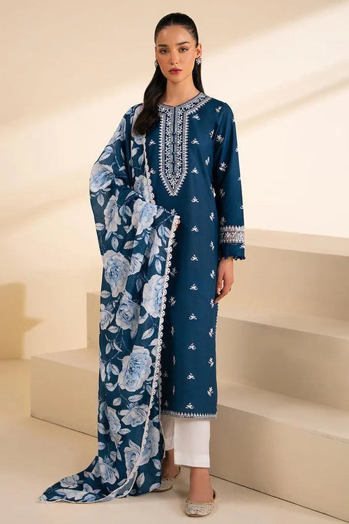 Deep Teal Embroidered 3-Piece Suit with Floral Chiffon Dupatta