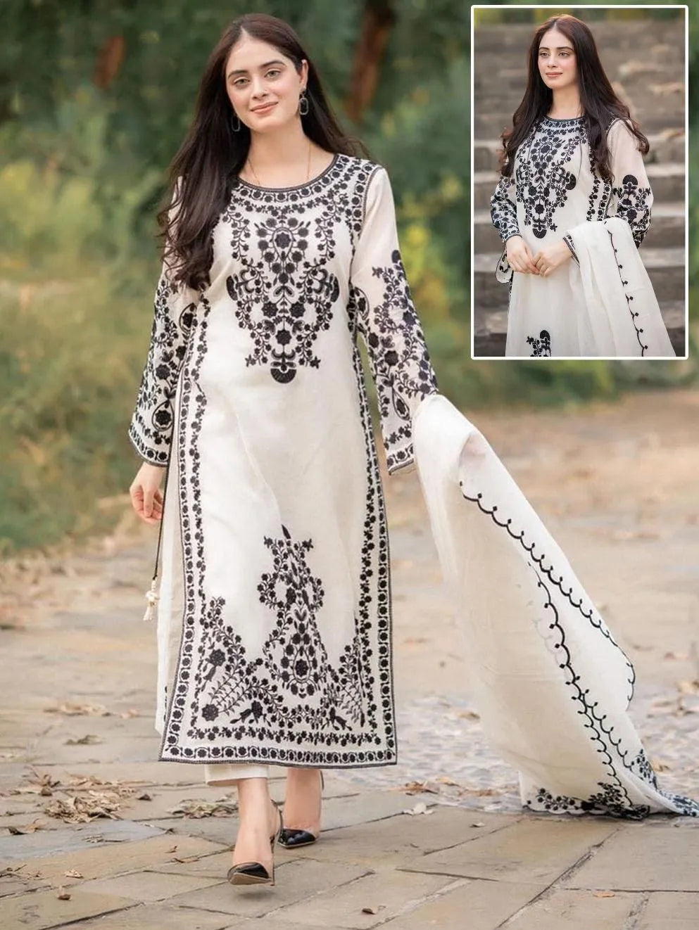 Ivory & Black Embroidered 3-Piece Suit – Heavy Floral Chikankari Style