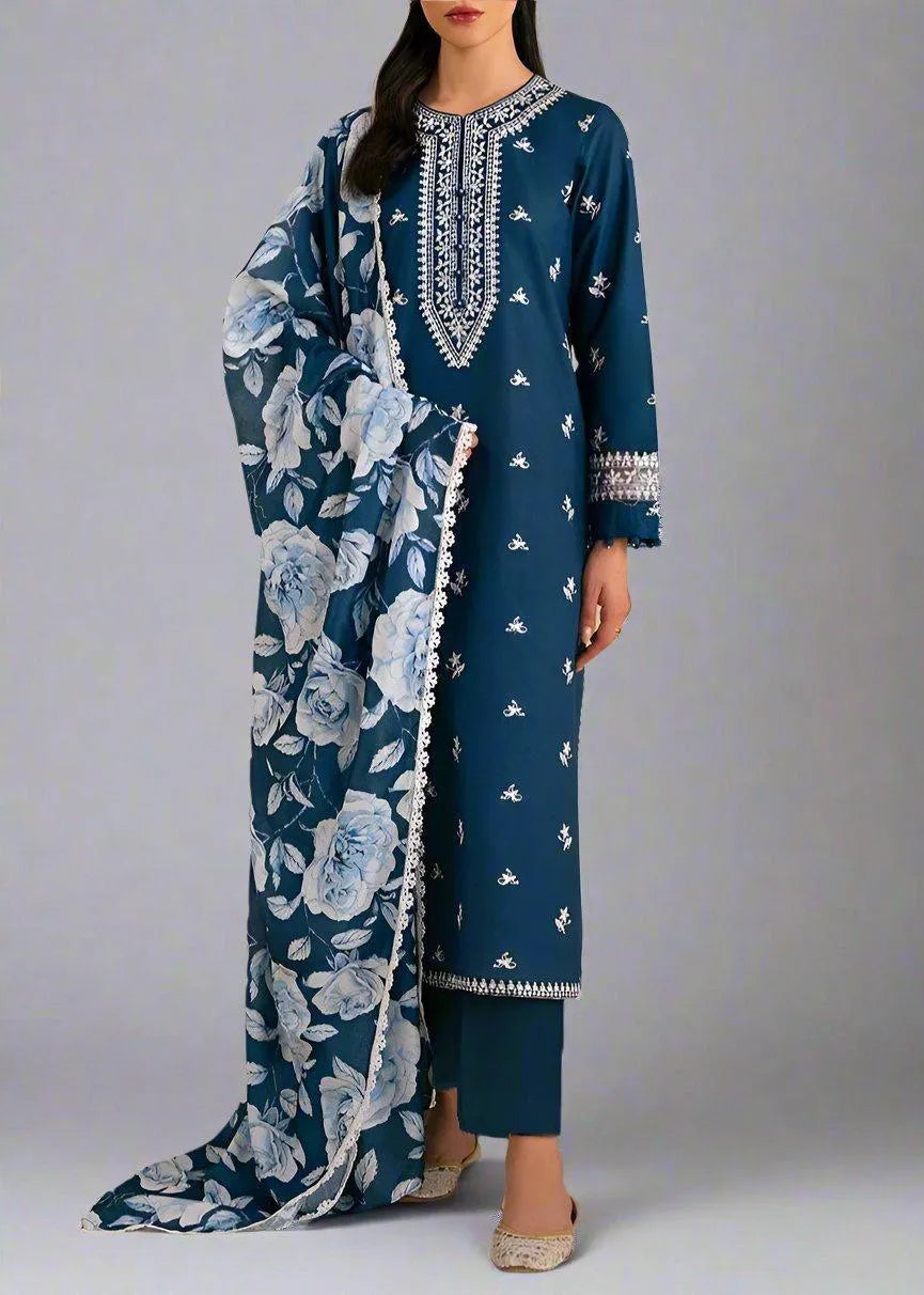Deep Teal Embroidered 3-Piece Suit with Floral Chiffon Dupatta