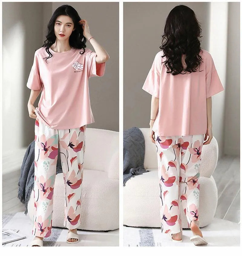 Women’s Floral Print Pajama Set – Short Sleeve Top & Full-Length Bottoms