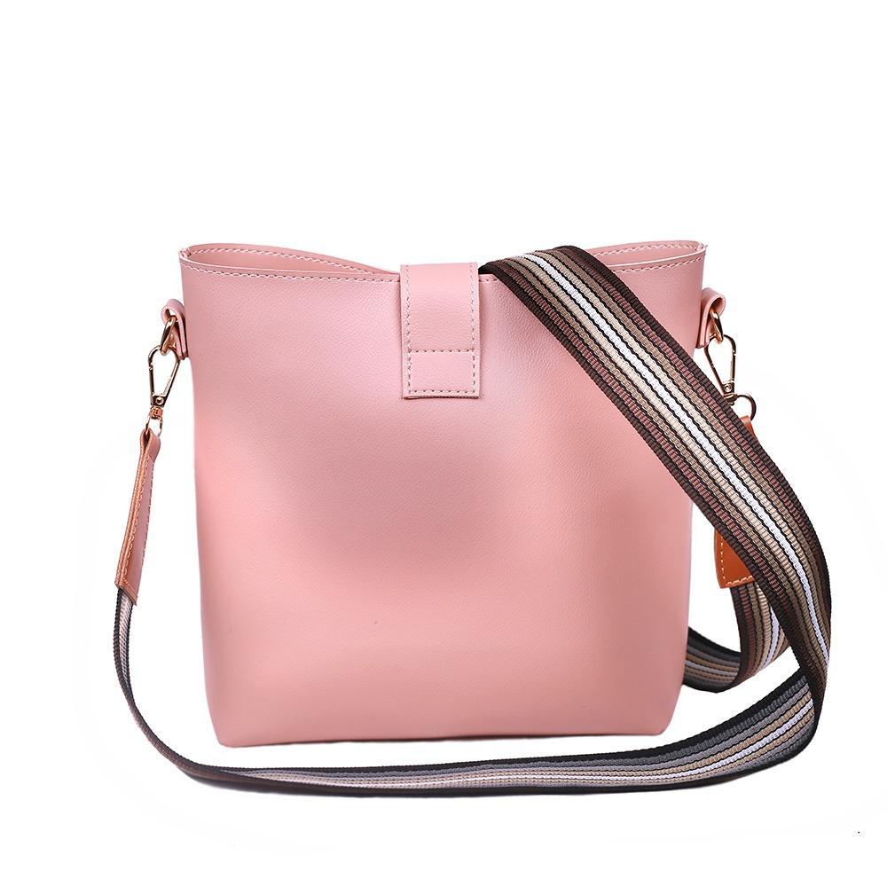 Chic Blush Pink Bucket Shoulder Bag – Versatile Crossbody with Striped Canvas Strap