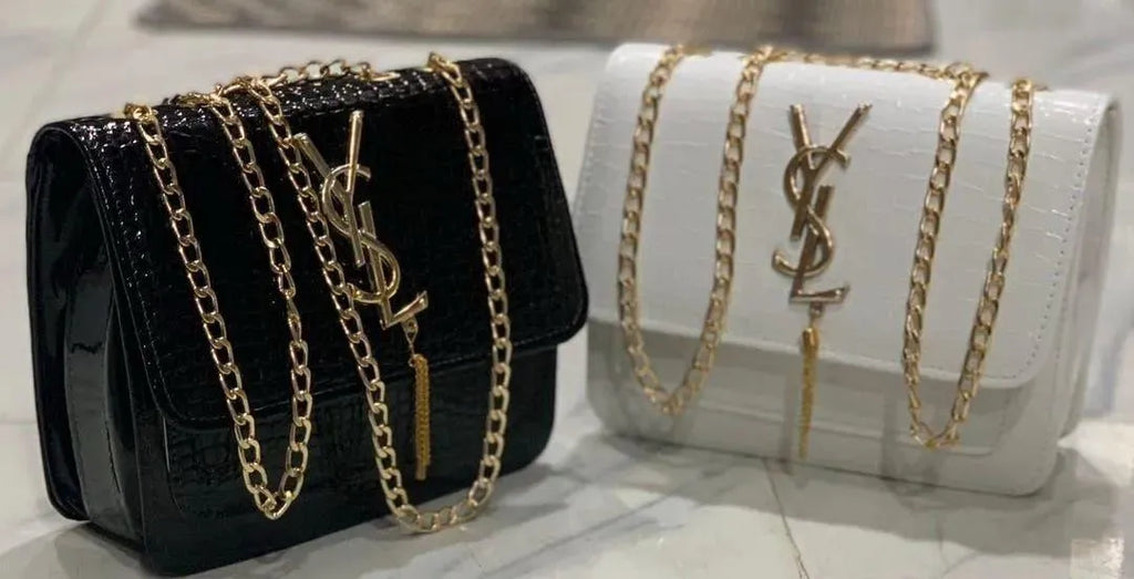YSL White Crocodile-Embossed Leather Chain Crossbody Bag