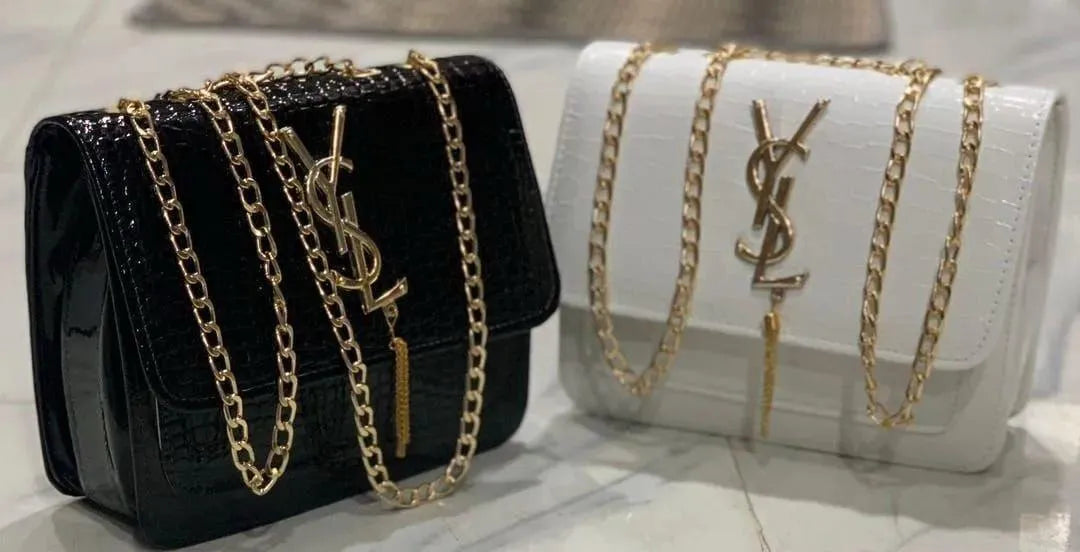YSL White Crocodile-Embossed Leather Chain Crossbody Bag