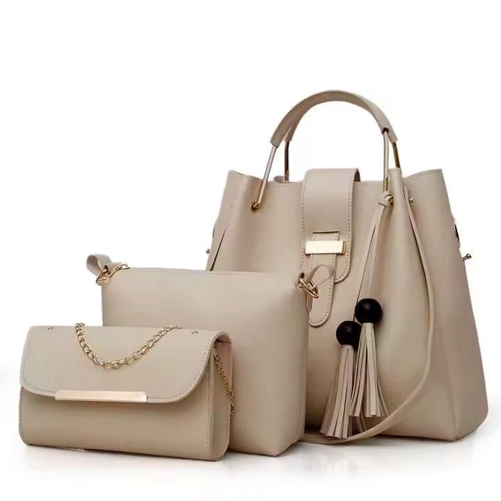 Premium 3-Piece Off-White Faux Leather Handbag Set