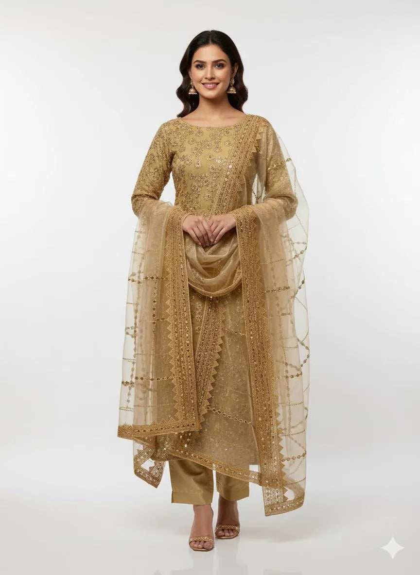 Majestic Gold Embroidered Organza 3-Piece Suite – Gilded Grace Collection