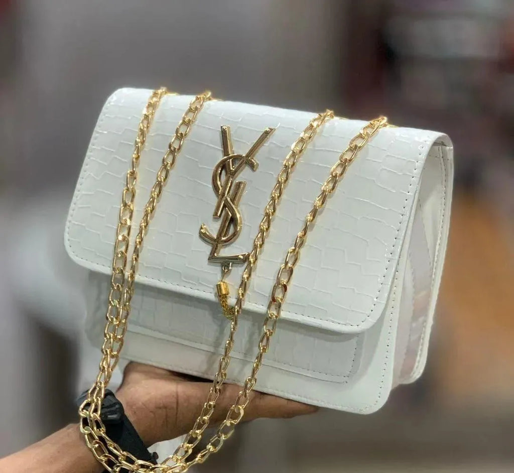 YSL White Crocodile-Embossed Leather Chain Crossbody Bag