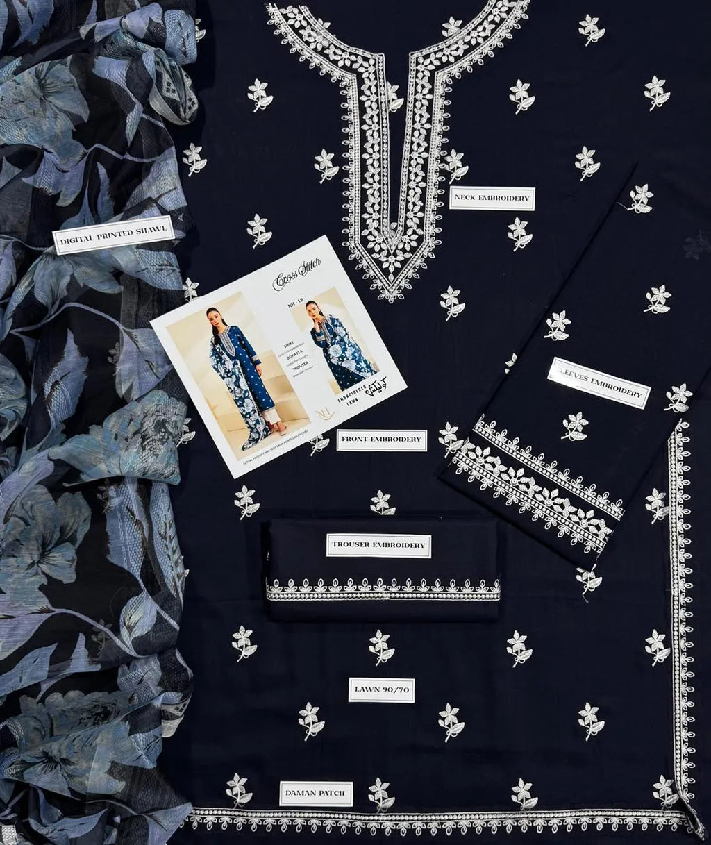 Deep Teal Embroidered 3-Piece Suit with Floral Chiffon Dupatta