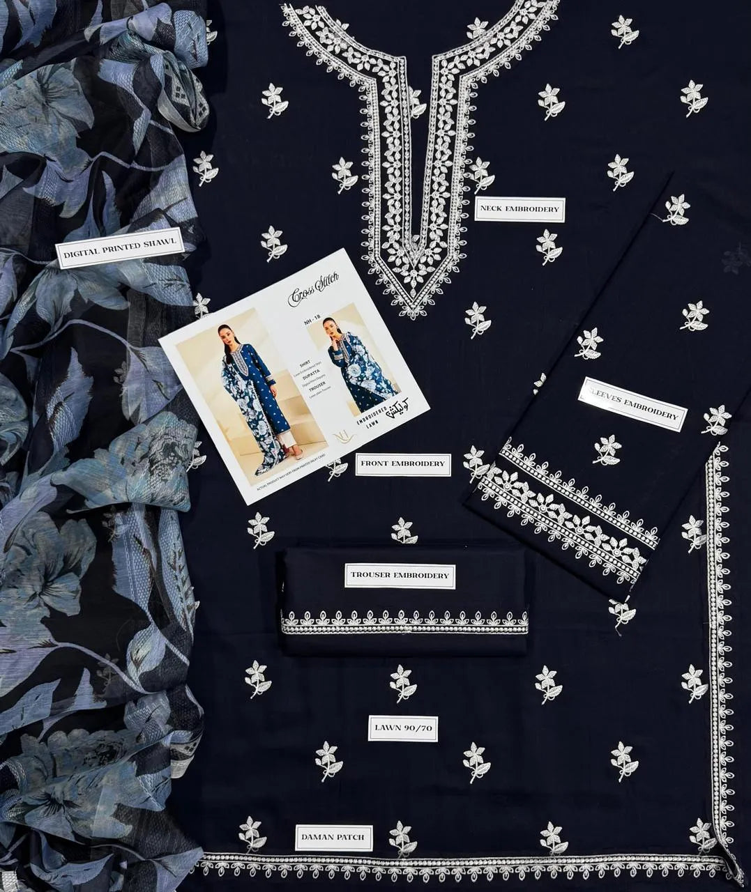 Deep Teal Embroidered 3-Piece Suit with Floral Chiffon Dupatta
