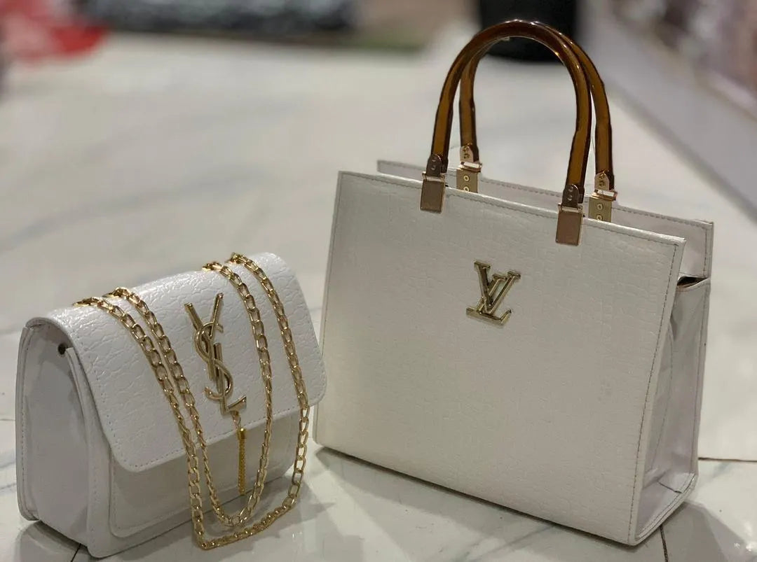 Luxury White Croc Leather 2-Piece Handbag Set - Structured Tote & Matching Clutch