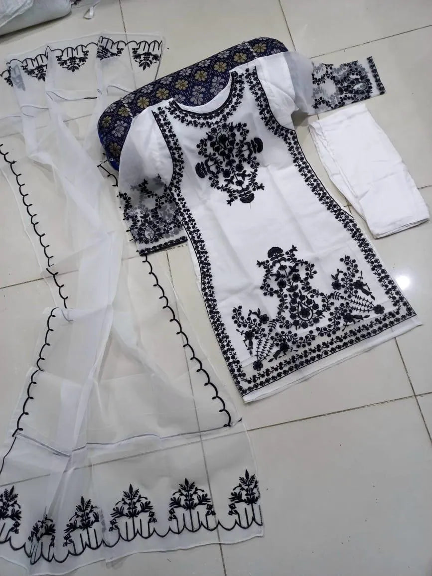 Ivory & Black Embroidered 3-Piece Suit – Heavy Floral Chikankari Style