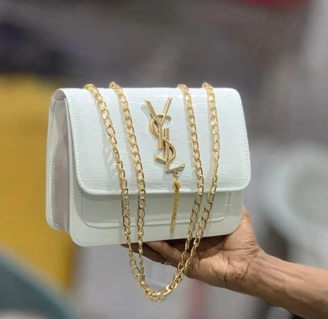 YSL White Crocodile-Embossed Leather Chain Crossbody Bag