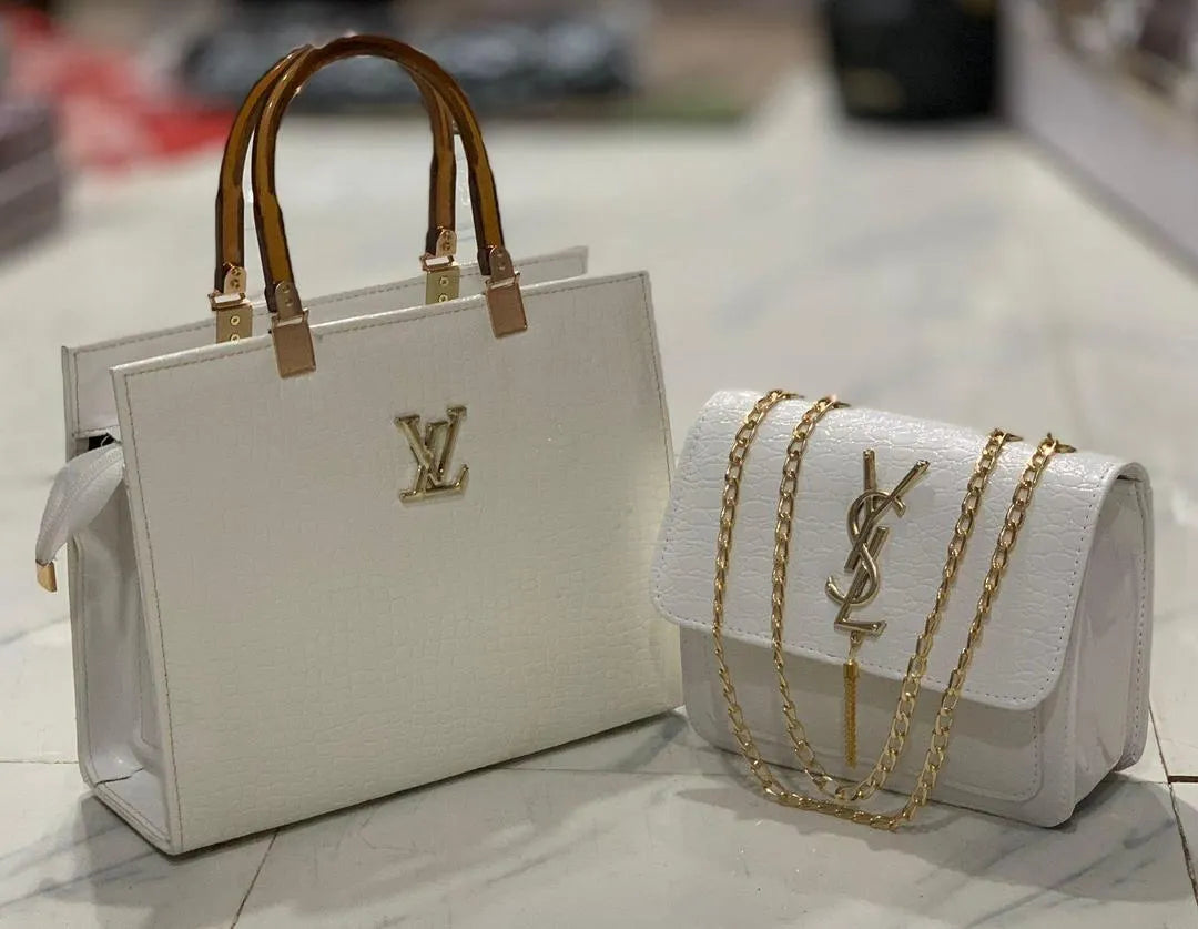 Luxury White Croc Leather 2-Piece Handbag Set - Structured Tote & Matching Clutch