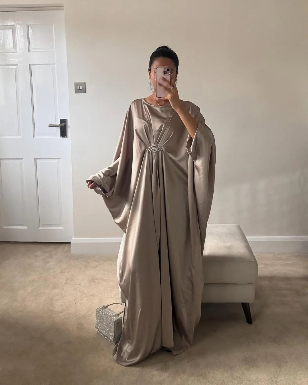 Royal Golden Silk Kaftan Abaya – Premium Heavy Satin Finish