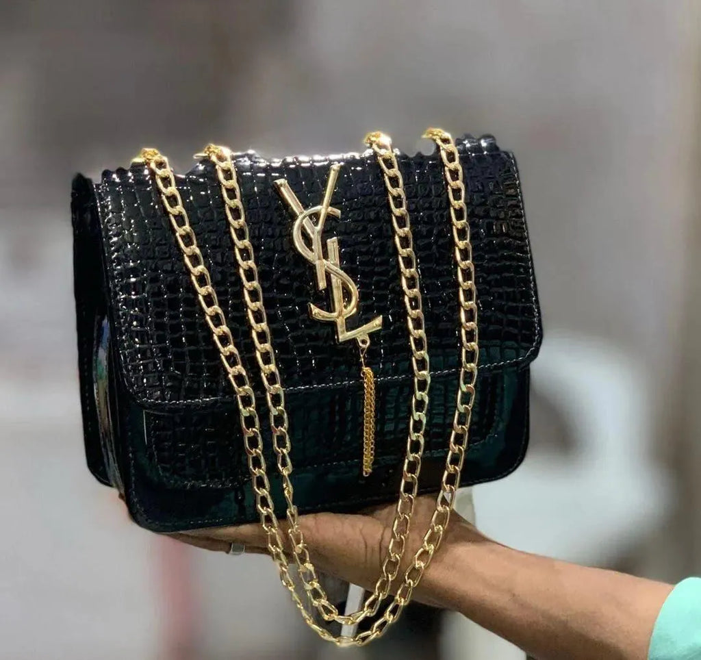 YSL White Crocodile-Embossed Leather Chain Crossbody Bag