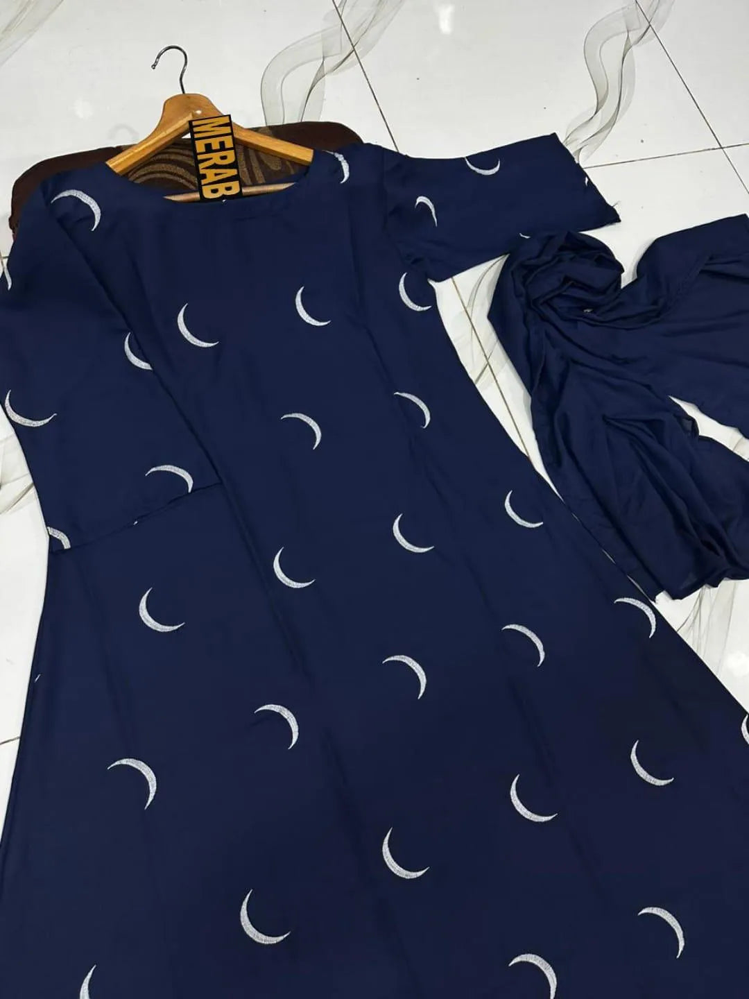Midnight Blue Moon Embroidery Abaya | Premium Modest Wear