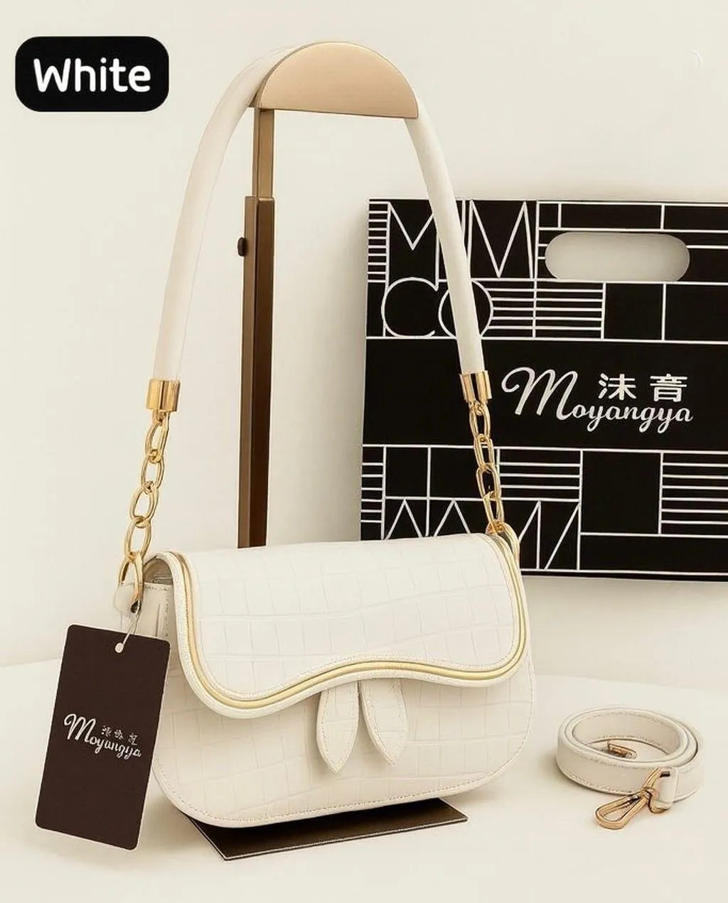 Moyangya Elegant White Croc-Embossed Shoulder Bag