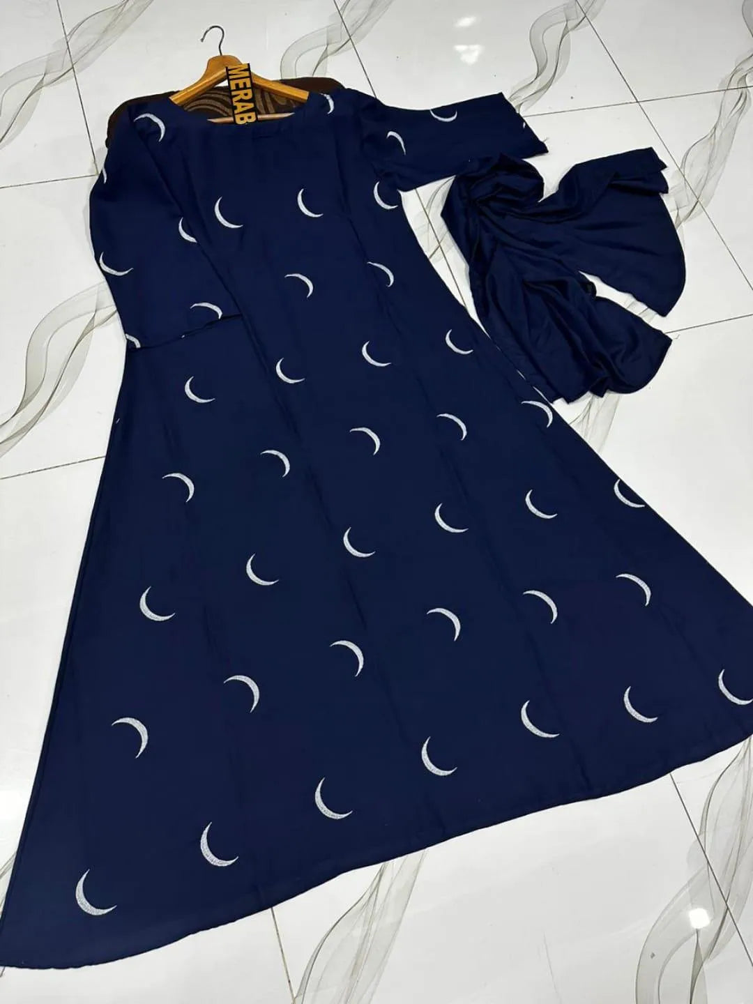 Midnight Blue Moon Embroidery Abaya | Premium Modest Wear