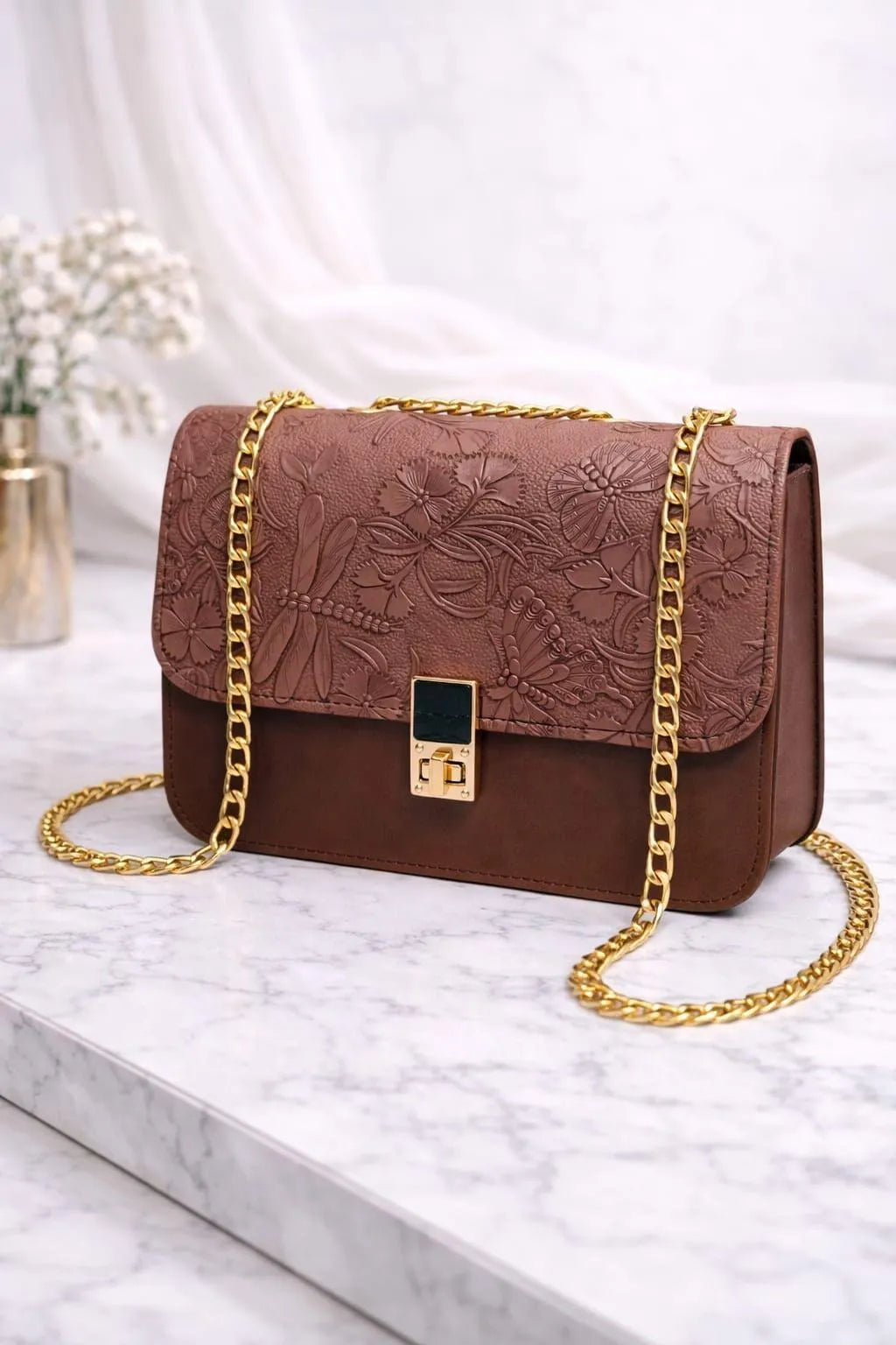 Vintage Embossed Floral Satchel – Elegant Coffee Brown Chain Crossbody Bag