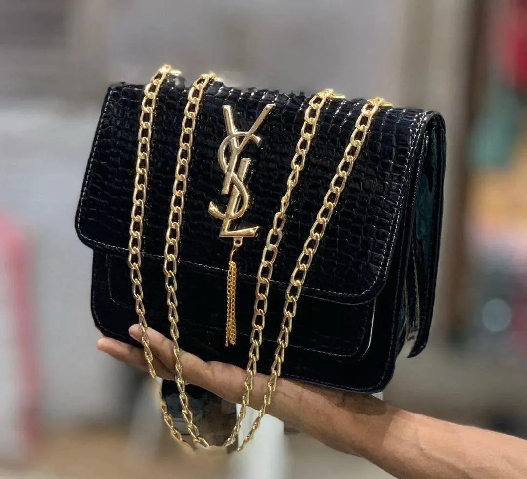 YSL White Crocodile-Embossed Leather Chain Crossbody Bag