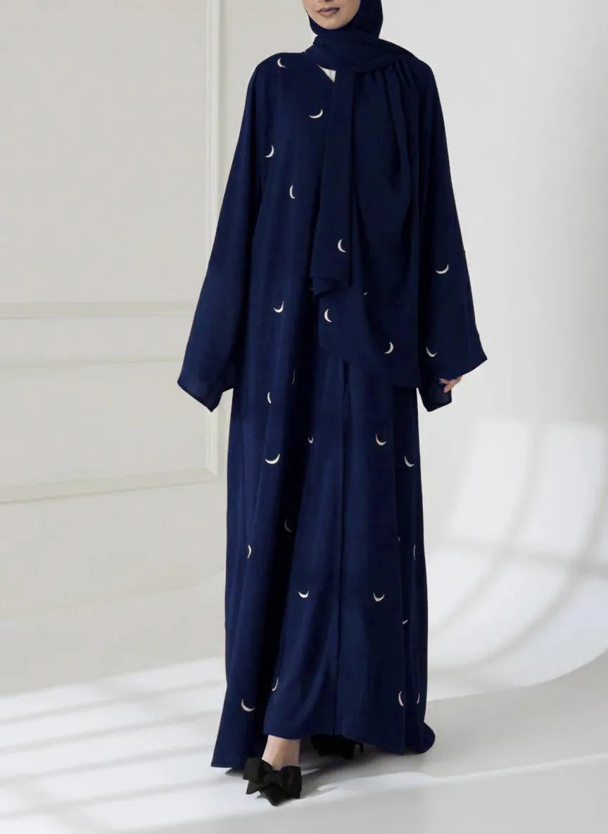 Midnight Blue Moon Embroidery Abaya | Premium Modest Wear