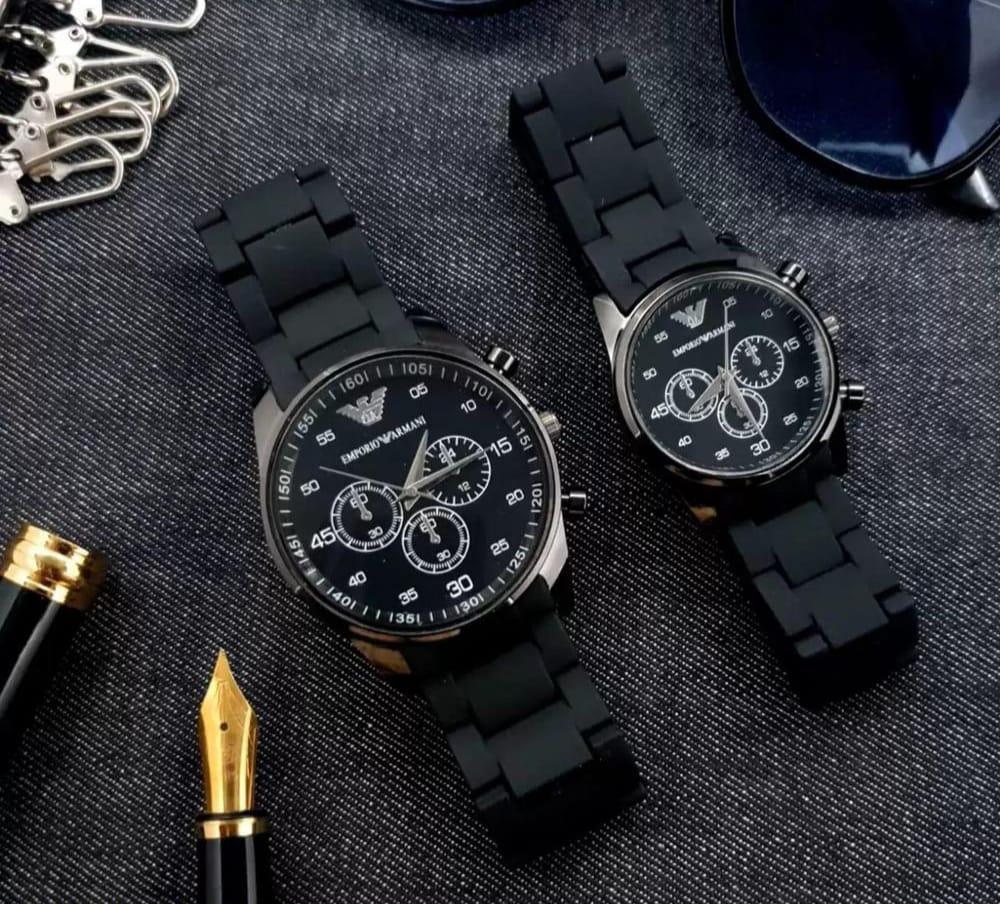 Premium Black couple chornograph watches-stainless  steel, round dial 2pc