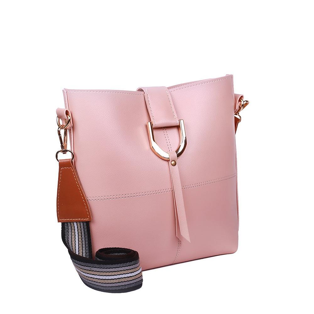 Chic Blush Pink Bucket Shoulder Bag – Versatile Crossbody with Striped Canvas Strap