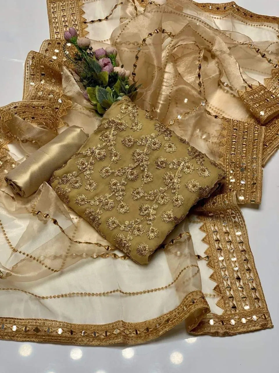 Majestic Gold Embroidered Organza 3-Piece Suite – Gilded Grace Collection